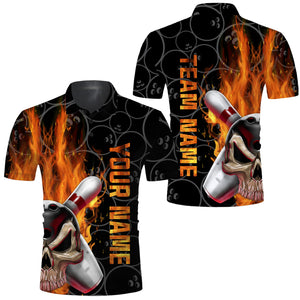 Skull Flame Bowling Men Polo Shirt, Personalized Cool Men Bowlers Jersey Short Sleeves NBP58