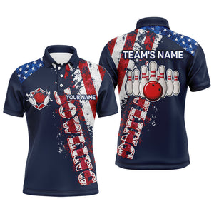 Patriotic Men's Bowling Polo Shirt, Custom Name Bowlers Jersey Short Sleeve American Flag NBP95