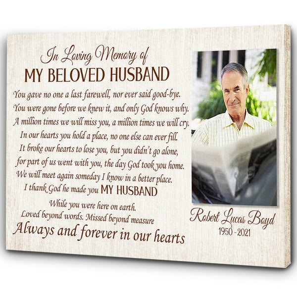 Memorial Canvas| In Loving Memory of My Beloved Husband Wall Art with Picture| Personalized Memorial Gift for Loss of Husband| Sympathy Gift for Husband in Heaven| JC677