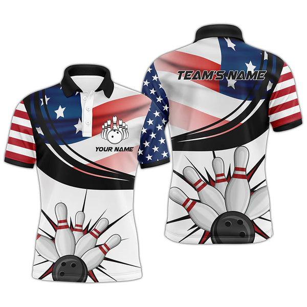 Personalized Men Bowling Polo Shirt, American Flag Bowling Short Sleeve Men Bowlers Jersey NBP50