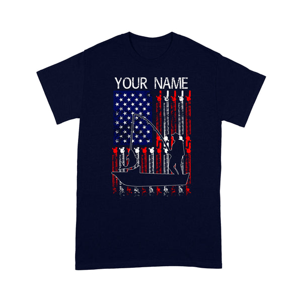 American flag 4th July fisherman kayak fishing custom name US fishing rod D05 NQS1244- Standard T-shirt