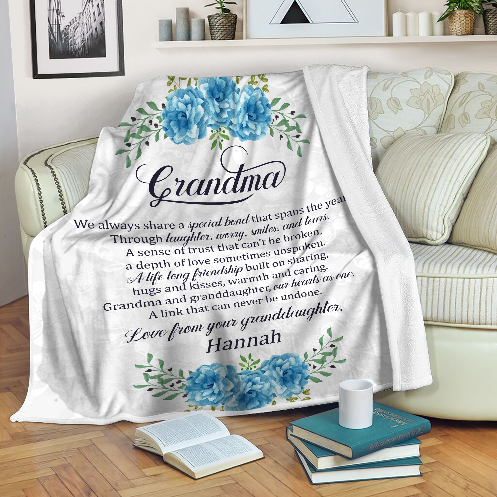 Grandma Blanket - Custom Blanket Gift for Grandma, Nana, Grandmother from Granddaughter - Blue Floral Fleece Blanket Grandma Gift for Christmas, Birthday, Thanksgiving - JB234