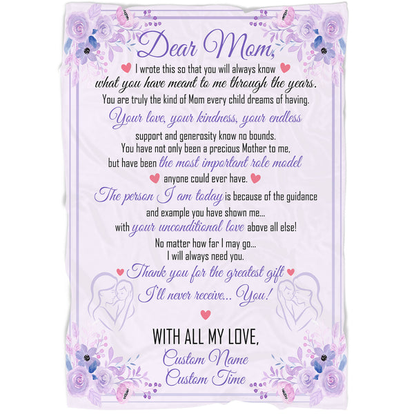 Dear Mom Personalized Blanket| Purple Fleece Blanket Sentimental Gift for Mother, Mom Gift on Christmas, Birthday, Mother's Day, Wedding Day, Thank You Gift for Mother| JB193