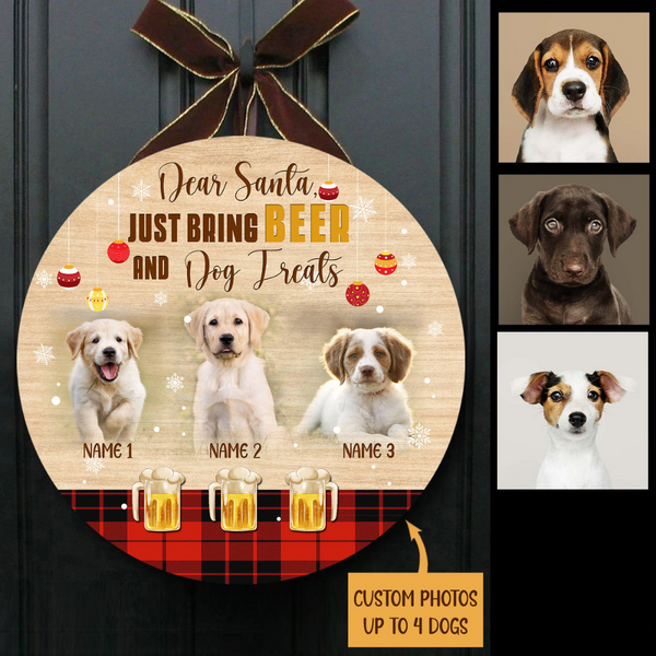 Custom Dog Welcome Sign - Santa Bring Beer and Dog Treats, Personalized Christmas Wooden Door Hanger for Dog Owners, X-mas Dog Sign Decor| NDH12