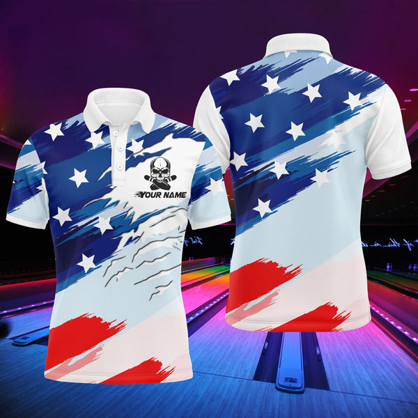 Personalized Men Bowling Polo Shirt, American Flag Skull Bowler Jersey Short Sleeve NBP63