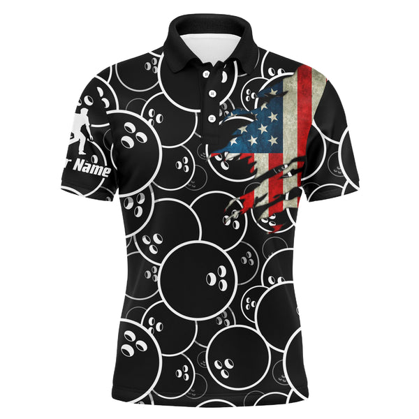 Custom American Flag Men Bowling Polo Shirt Black USA Bowling Short Sleeve Polo Men Bowlers NBP01