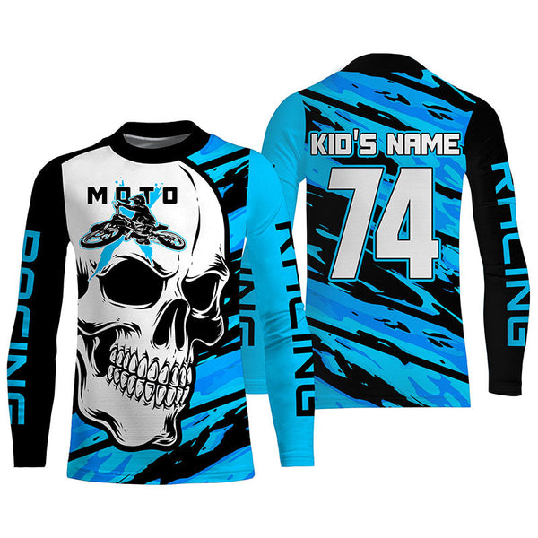 Skull MotoX Jersey Custom Motocross UPF30+ Blue Dirt Bike Racing Motorcycle Bikers Racewear NMS1265