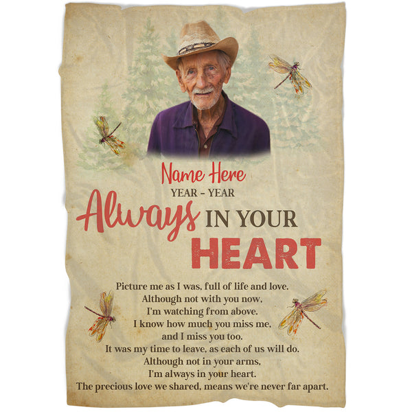 Memorial Blanket Always in Your Heart - Custom Blanket Memorial Gift Sympathy Gift for Loss of Father, Mother, Family Loss Sympathy Blanket - Bereavement Remembrance Blanket - JB226