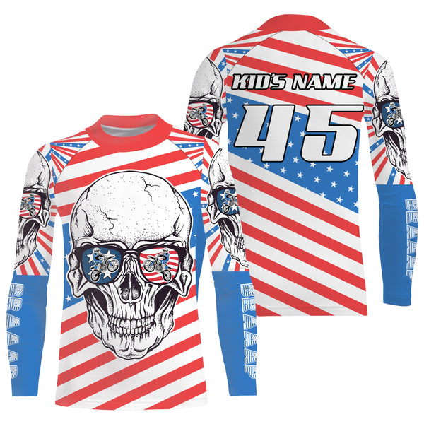 US flag skull personalized motocross jersey Patriotic dirt bike long sleeves kid adult motorcycle NMS1048