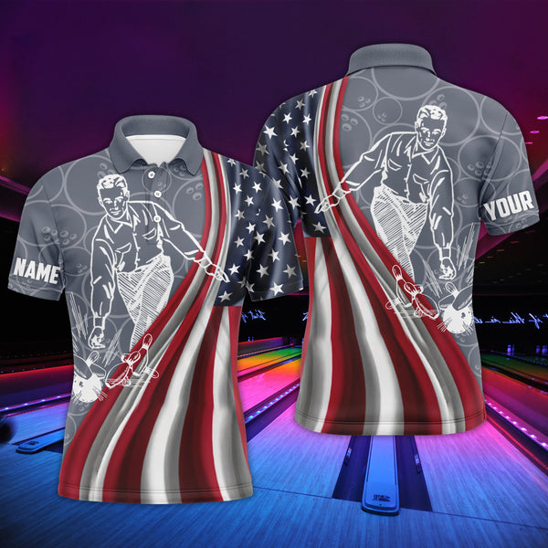 Patriotic Men's Bowling Polo Shirt, American Flag Custom Name Bowlers Jersey Short Sleeve NBP97