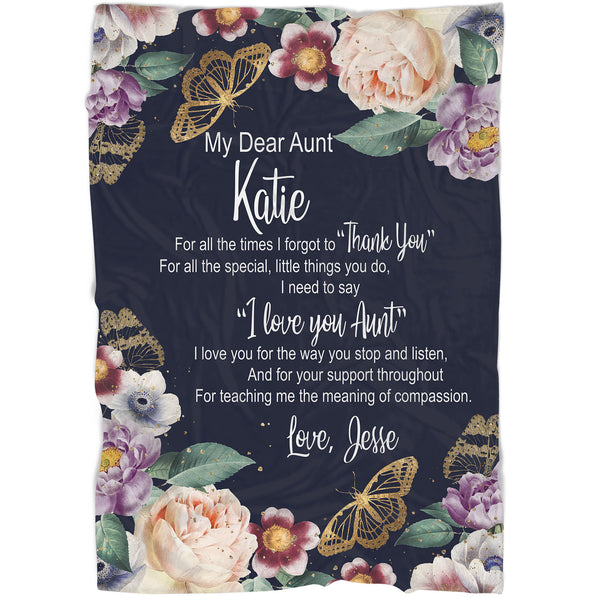 Personalized My Dear Aunt Blanket| Aunt Blue Blanket with Flower Butterfly| Custom Gift for Aunt from Nephew Niece| Sentimental Gift for Auntie on Christmas Birthday Mother's Day| JB213