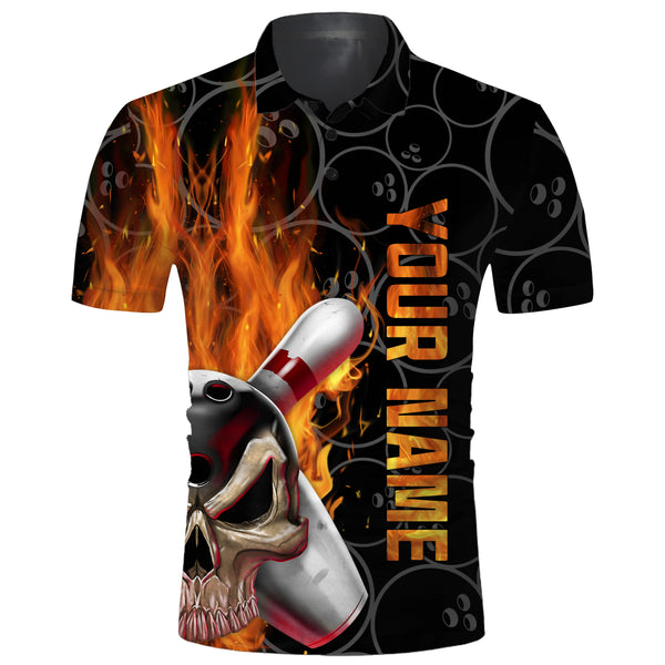 Skull Flame Bowling Men Polo Shirt, Personalized Cool Men Bowlers Jersey Short Sleeves NBP58