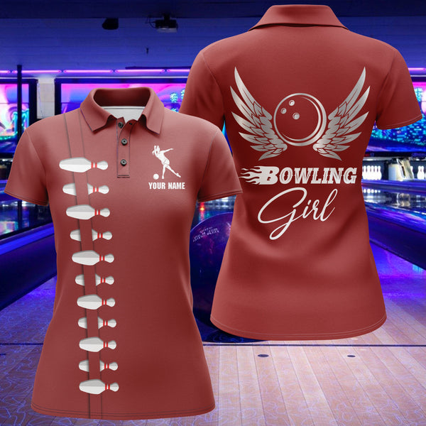 Personalized Women Bowling Polo Shirt, Bowling Girl Beautiful Wings Bowlers Jersey NBP35