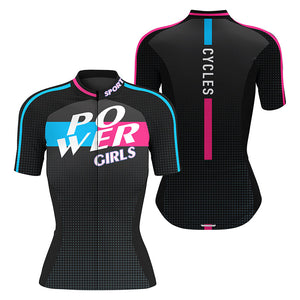 Black womens cycling jersey Power girl bike shirts with 3 pockets UPF50+ full-zip cycle gear| SLC192