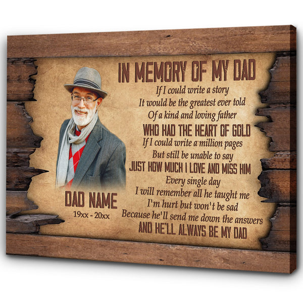 Dad in Memory Personalized Canvas, Dad Remembrance on Father's Day, Sympathy Loss of Father in Heaven| N2590