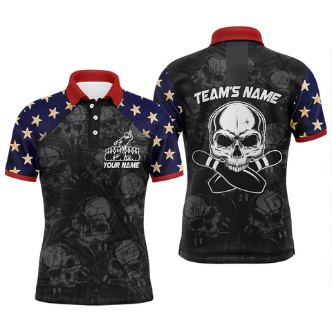 Skull Bowling Polo Shirt for Men, Patriotic Custom Name Team Bowlers Jersey Short Sleeve NBP100