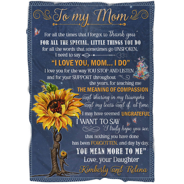 To My Mom Blanket - Custom Name Sunflower Blanket| Blue Blanket for Mom Mother Gift from Daughter Son| Thoughtful Gift for Mom on Christmas Mother's Day Birthday| JB67