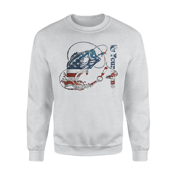 US Bass Fishing American Flag 4th July Custom name Crew Neck Sweatshirt D02 NQS1248