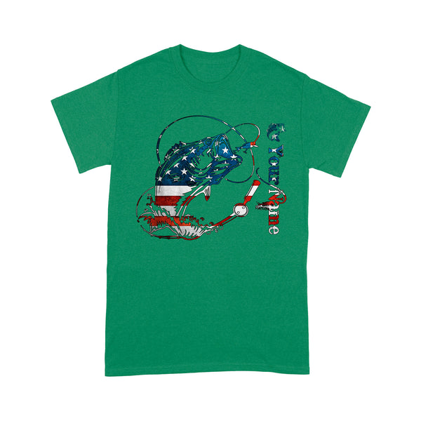 US Bass Fishing American Flag 4th July Custom name T-shirt D02 NQS1248