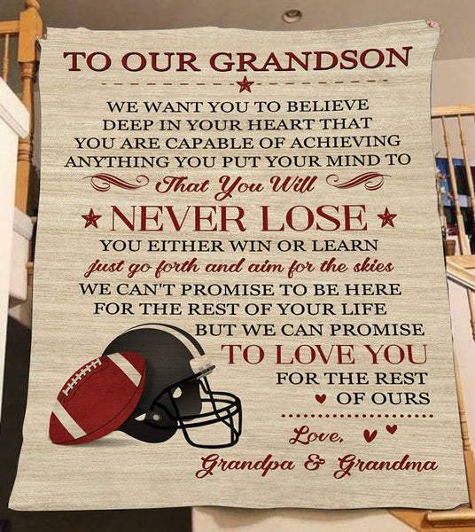 Grandson Football Blanket - To My Grandson You Will Never Lose Courage Fleece Throw from Grandma, Gift for American Football Boy| T912