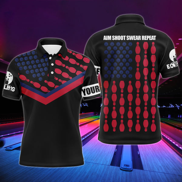 Patriotic Bowling Polo Shirt for Men Bowlers, Personalized American Flag Cool Bowling Jersey NBP32