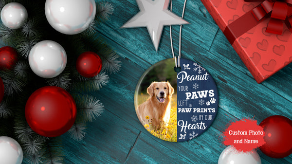 Pet Memorial Ornament Custom Photo - Paw Prints in Our Hearts| Pet Loss Christmas Ornament, Remembrance for Loss of Dog, Loss of Cat, Sympathy Gift for Dog Owners| NOM14