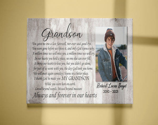 Grandson Memorial Canvas - Personalized Memorial Gift for Loss of Grandson Sympathy Gift In Memory of Grandson Remembrance Canvas Bereavement Condolence Keepsake Gift for Grandson - JC752