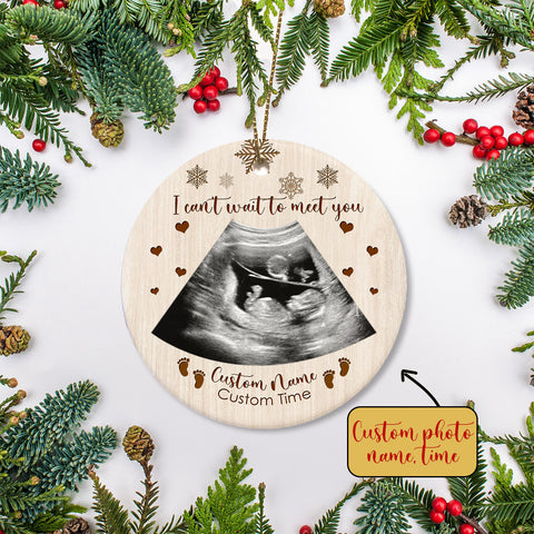 I Can't Wait To Meet You Ornament - Custom Baby Ultrasound Photo Ornament| New Dad Gift Dad To Be Gift from Baby Bump| Baby Reveal Pregnancy Announcement Ornament on Christmas| JOR10