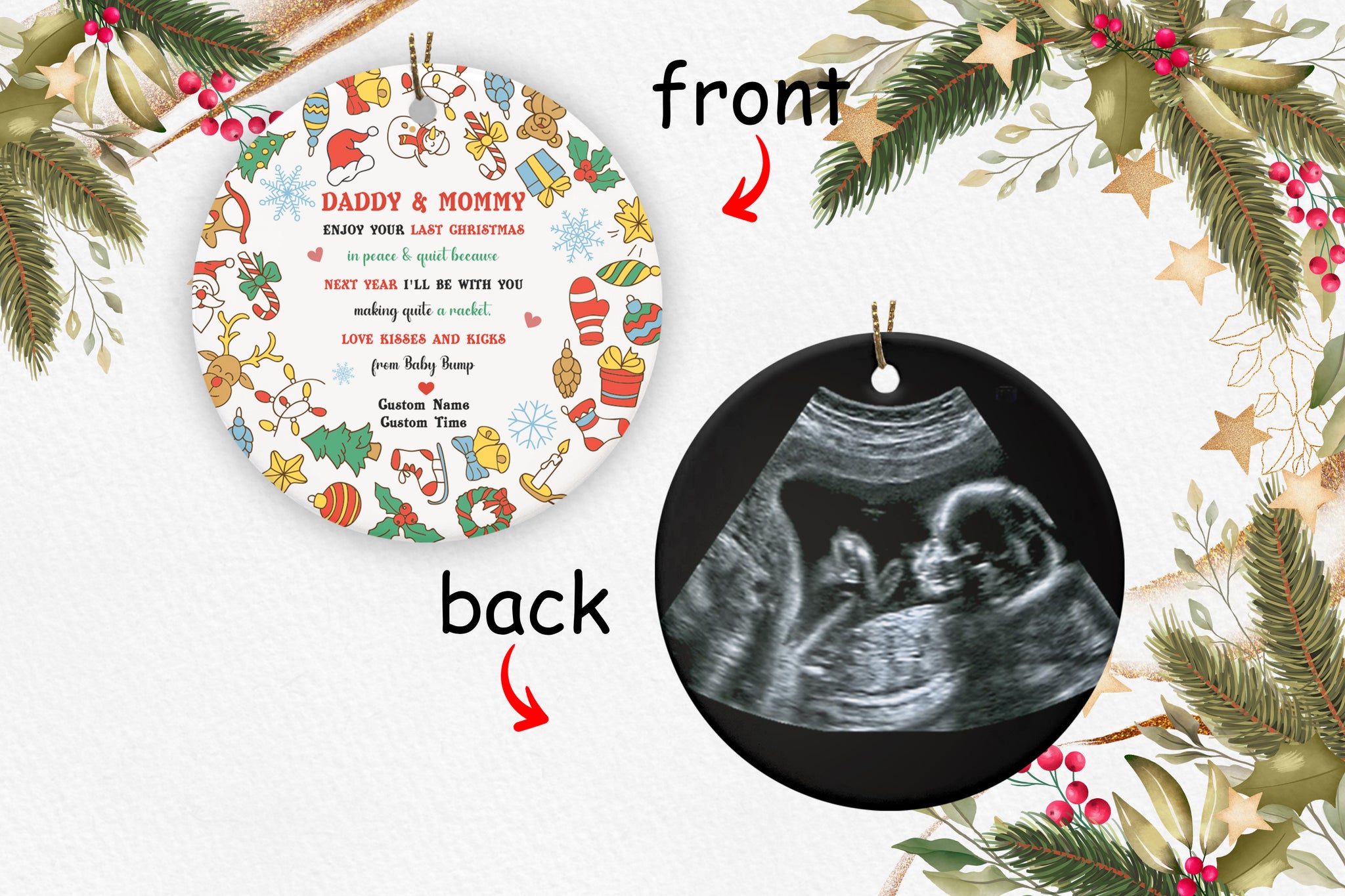 New Baby Ornament - Baby Bump Sonogram Custom Baby's First Christmas Circle Ornament 2 Sided New Parent Christmas Ornament for New Mom New Dad Expecting Parents Baby Reveal - JOR47