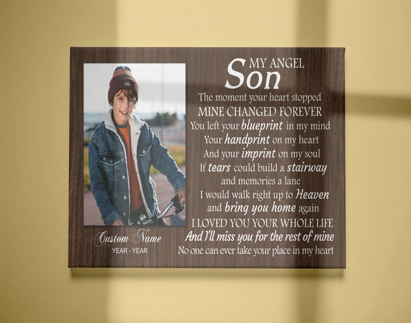 Son Remembrance Personalized Canvas| My Angel Son in Heaven| Memorial Gifts, Sympathy Gifts for Loss of Son, Son Bereavement Keepsake, Youth Cancer Condolence Gifts| N2404