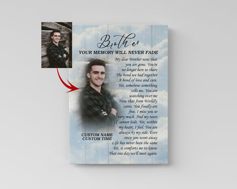 Brother Remembrance Personalized Canvas| Your Memory Never Fade| Brother Memorial Gifts, Sympathy Gifts for Loss of Brother, In Memory Bereavement Keepsake, Condolence Gifts| N2370