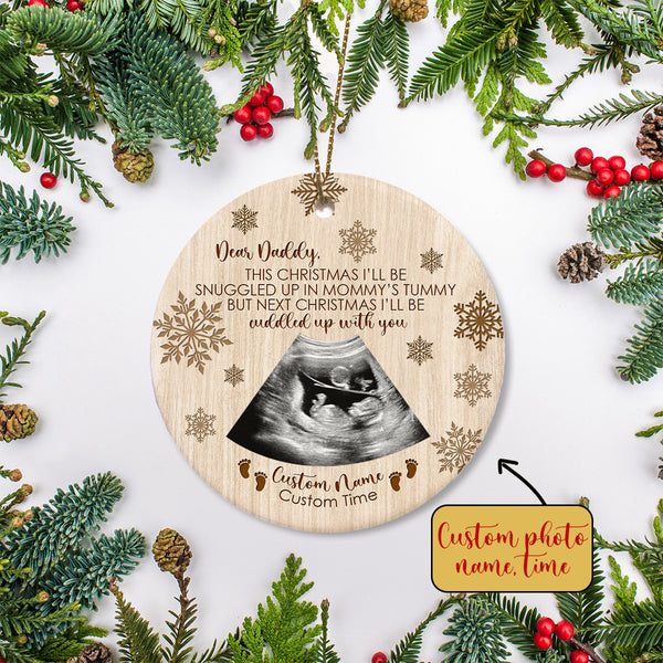 Dear Daddy from Baby Bump Christmas Ornament - Custom Baby Ultrasound Photo Ornament| Dad To Be Gift Pregnancy Announcement New Dad Gift Baby Reveal Ornament on Christmas| JOR08