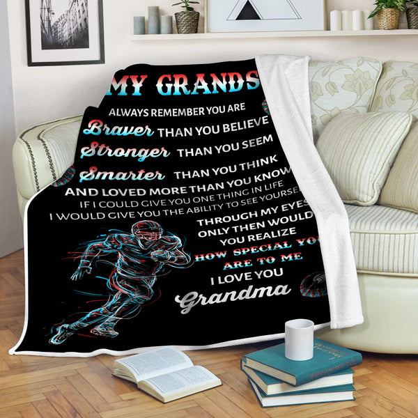 Grandson Football Blanket - To My Grandson Braver Than You Believe - Courage Fleece Throw from Grandma| T911