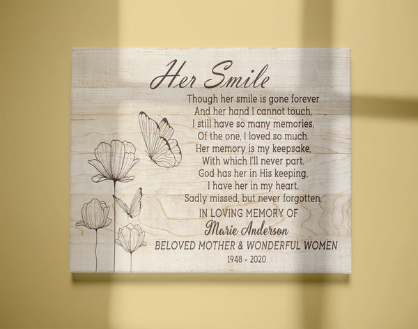 Memorial Canvas - Her Smile Memorial Wall Art Personalized Butterfly Memorial Canvas Sympathy Gift for Loss of Loved One Mother Wife Sister In Loving Memory - JC761