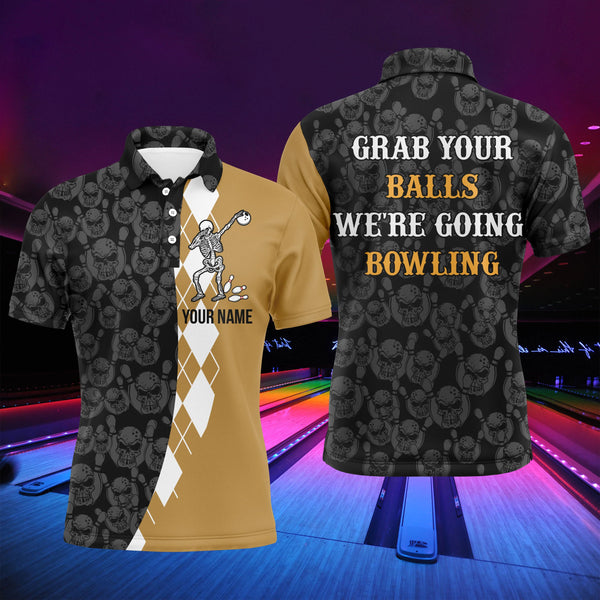 Grab Your Balls Funny Men Bowling Polo Shirt Personalized Skull Bowlers Jersey Short Sleeve NBP64