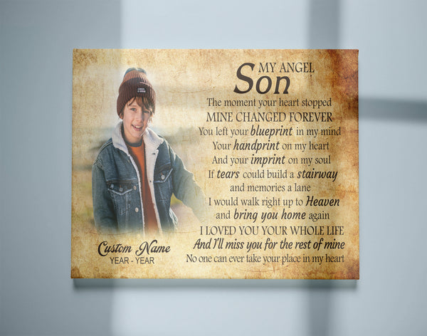 Son Remembrance Personalized Canvas| My Angel Son in Heaven| Memorial Gifts, Sympathy Gifts for Loss of Son, Son Bereavement Keepsake, Youth Cancer Condolence Gifts| N2405