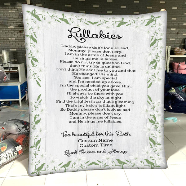 Baby Memorial Blanket| Too Beautiful For This Earth - Custom Blanket Memorial Gift Sympathy Blanket for Loss of Baby, Stillborn Loss, Infant Loss, Miscarriage| Baby Memory Blanket| JB224