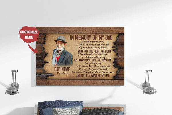 Dad in Memory Personalized Canvas, Dad Remembrance on Father's Day, Sympathy Loss of Father in Heaven| N2590