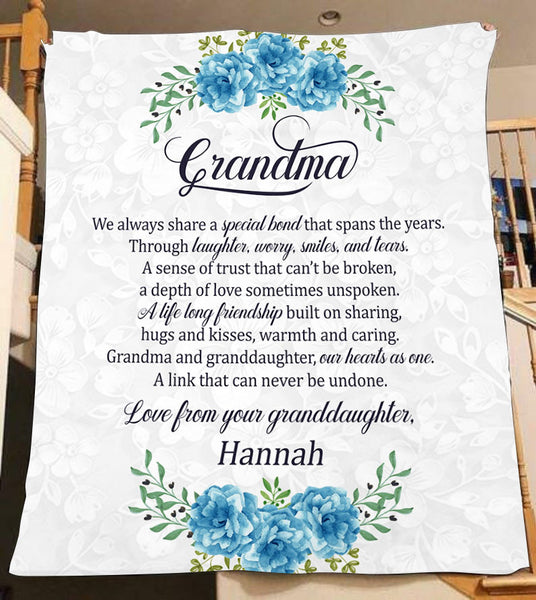 Grandma Blanket - Custom Blanket Gift for Grandma, Nana, Grandmother from Granddaughter - Blue Floral Fleece Blanket Grandma Gift for Christmas, Birthday, Thanksgiving - JB234