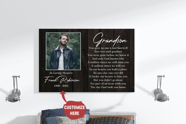 Grandson Remembrance - Personalized Memorial Canvas| In Memory of Grandson Memorial Canvas, Memorial Gift for Loss of Grandson, Sympathy Bereavement for Grandson Heaven| N2343