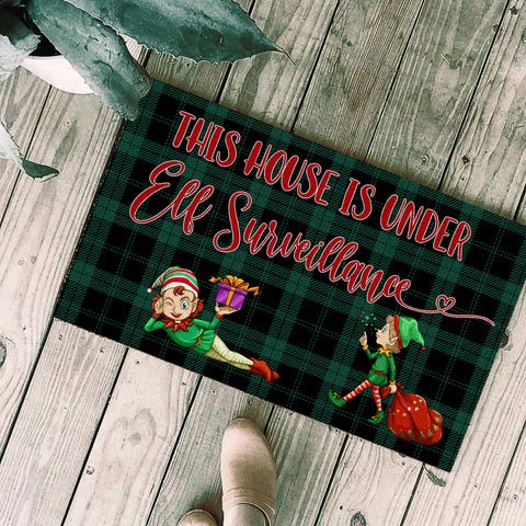 Funny Christmas Doormat - This House Is Under Elf Surveillance Doormat| Elf Doormat Christmas Welcome Mat Christmas Sign Christmas Decoration Winter Sign Holiday Doormat| JD32