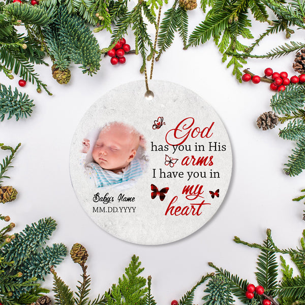 Baby Memorial Personalized Ornament - God Has you in His Arm, Baby Remembrance, Sympathy Gift for Loss of Child, Infant Loss, Grieving Mother| NOM44