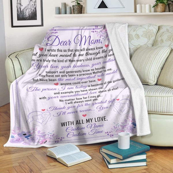 Dear Mom Personalized Blanket| Purple Fleece Blanket Sentimental Gift for Mother, Mom Gift on Christmas, Birthday, Mother's Day, Wedding Day, Thank You Gift for Mother| JB193