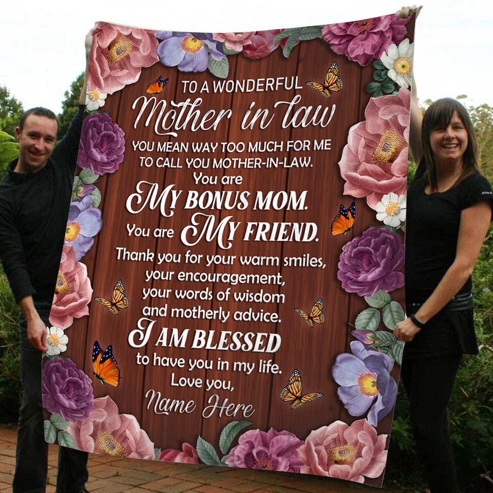 To A Wonderful Mother In Law Blanket - Custom Blanket| Floral Blank Gift for Mother In Law from Bride Groom| Mother In Law Gift on Christmas Mother's Day Wedding Shower Day| JB62