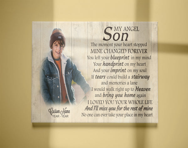 Son Remembrance Personalized Canvas| My Angel Son in Heaven| Memorial Gifts, Sympathy Gifts for Loss of Son, Son Bereavement Keepsake, Youth Cancer Condolence Gifts| N2403