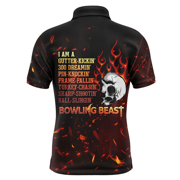 Bowling Beast Personalized Men Polo Shirt, Flame Skull Cool Men Bowlers Jersey Short Sleeves NBP54