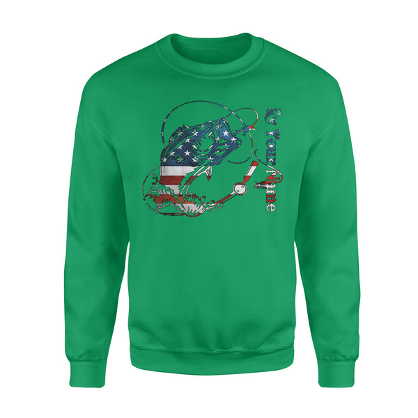 US Bass Fishing American Flag 4th July Custom name Crew Neck Sweatshirt D02 NQS1248