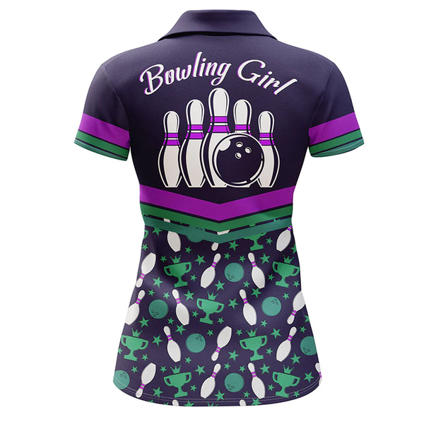 Women Bowling Polo Shirt Personalized, Bowling Girl Purple Bowlers Jersey Short Sleeves NBP34