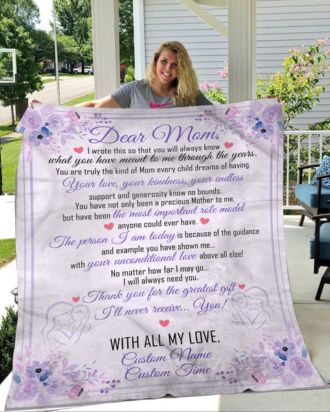 Dear Mom Personalized Blanket| Purple Fleece Blanket Sentimental Gift for Mother, Mom Gift on Christmas, Birthday, Mother's Day, Wedding Day, Thank You Gift for Mother| JB193