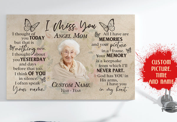 Custom Mother Memorial Canvas| I Miss You Mom| Butterfly Memorial Gift for Loss of Mother Sympathy Gift Loss of Mom| In Memory of Mom on Birthday Christmas Mother's Day in Heaven JC540 Myfihu